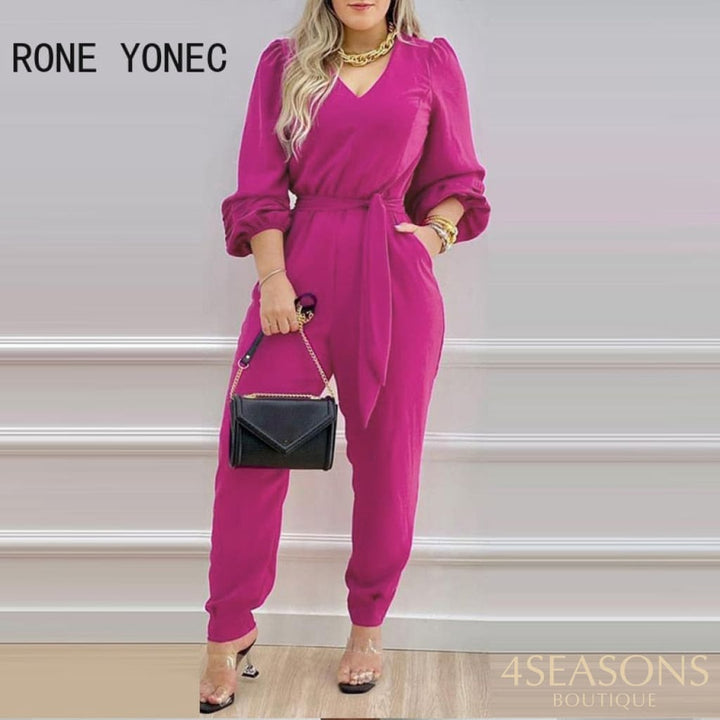 Women Solid Elegant V-Neck Lantern Sleeve Sashes Rose Red Jumpsuit Red / S