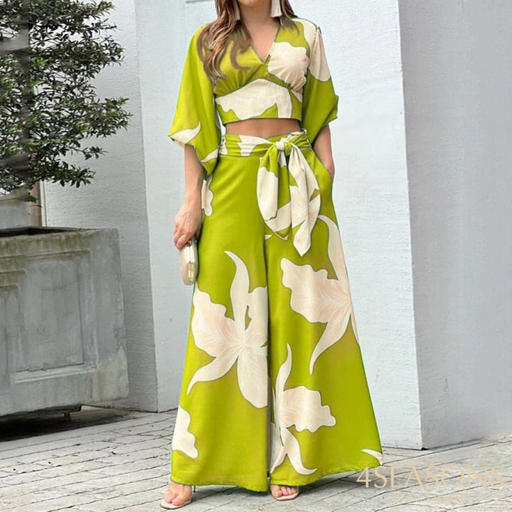 Women Two Piece Set Fashion V Neck Long Lantern Sleeve Print Loose Wide Legs Pants With Pockets Sets