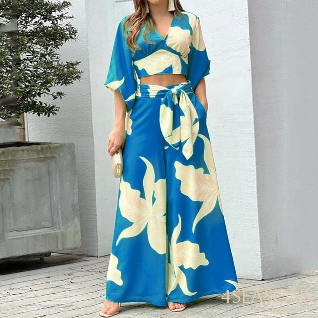 Women Two Piece Set Fashion V Neck Long Lantern Sleeve Print Loose Wide Legs Pants With Pockets Sets
