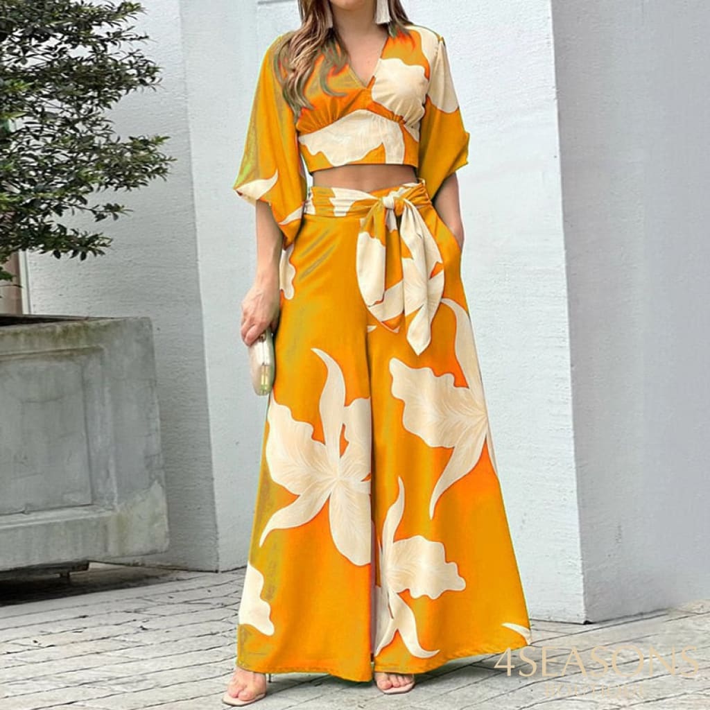 Women Two Piece Set Fashion V Neck Long Lantern Sleeve Print Loose Wide Legs Pants With Pockets Sets