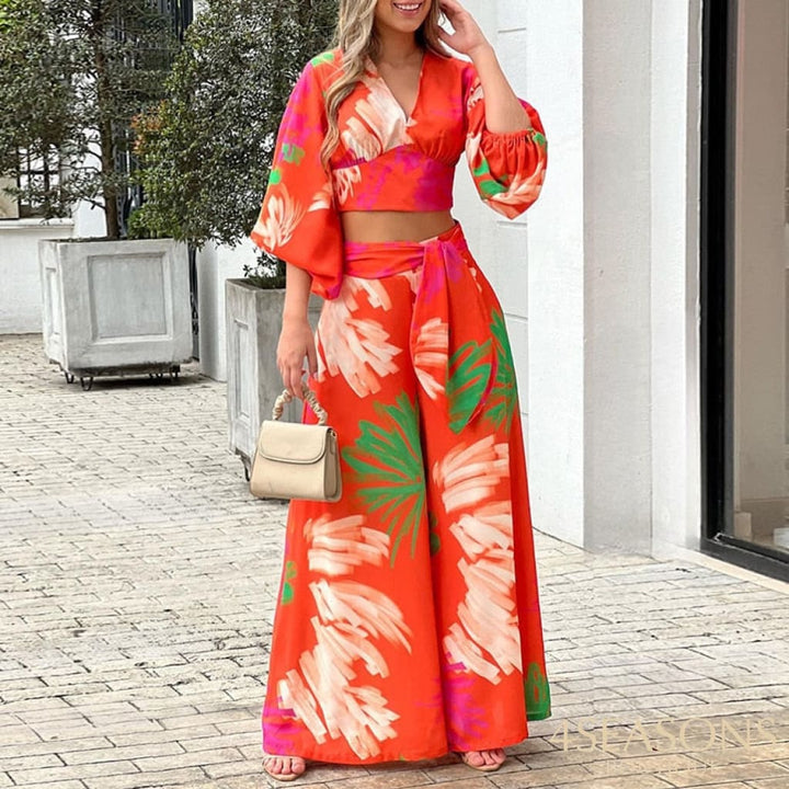 Women Two Piece Set Fashion V Neck Long Lantern Sleeve Print Loose Wide Legs Pants With Pockets Sets