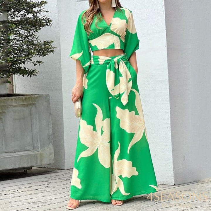 Women Two Piece Set Fashion V Neck Long Lantern Sleeve Print Loose Wide Legs Pants With Pockets Sets