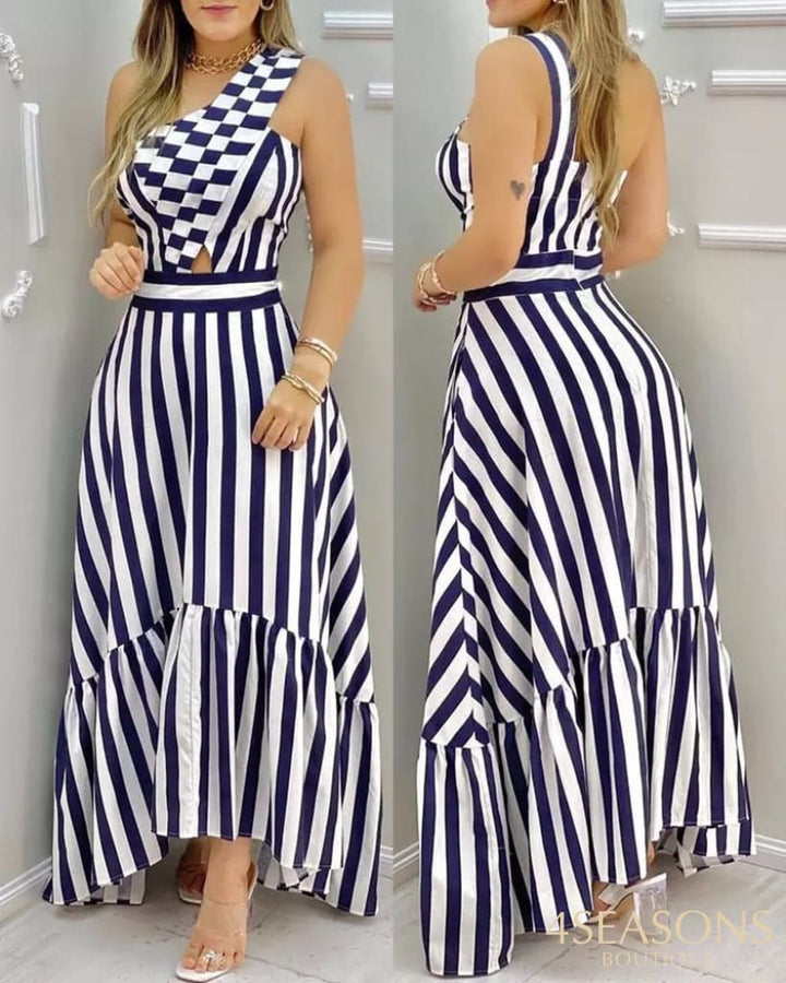Women's Fashion Slant Collar Elegant Hollow High Waist Striped Dress 2021 Summer New