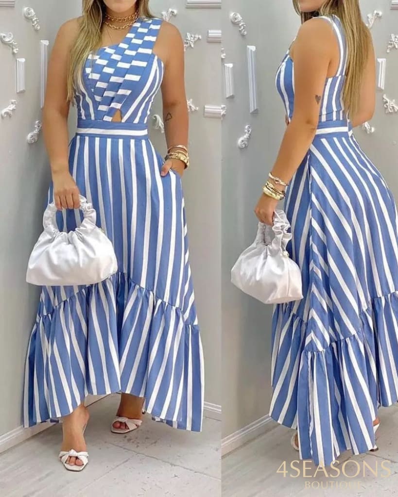 Women's Fashion Slant Collar Elegant Hollow High Waist Striped Dress 2021 Summer New