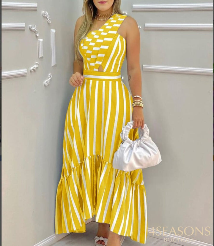 Women's Fashion Slant Collar Elegant Hollow High Waist Striped Dress 2021 Summer New
