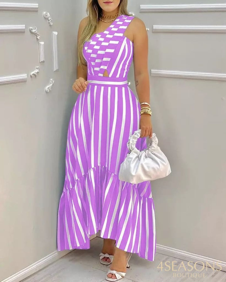 Women's Fashion Slant Collar Elegant Hollow High Waist Striped Dress 2021 Summer New
