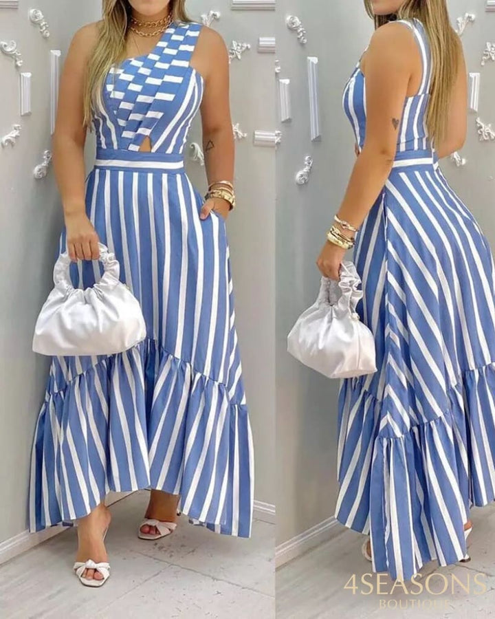 Women's Fashion Slant Collar Elegant Hollow High Waist Striped Dress 2021 Summer New
